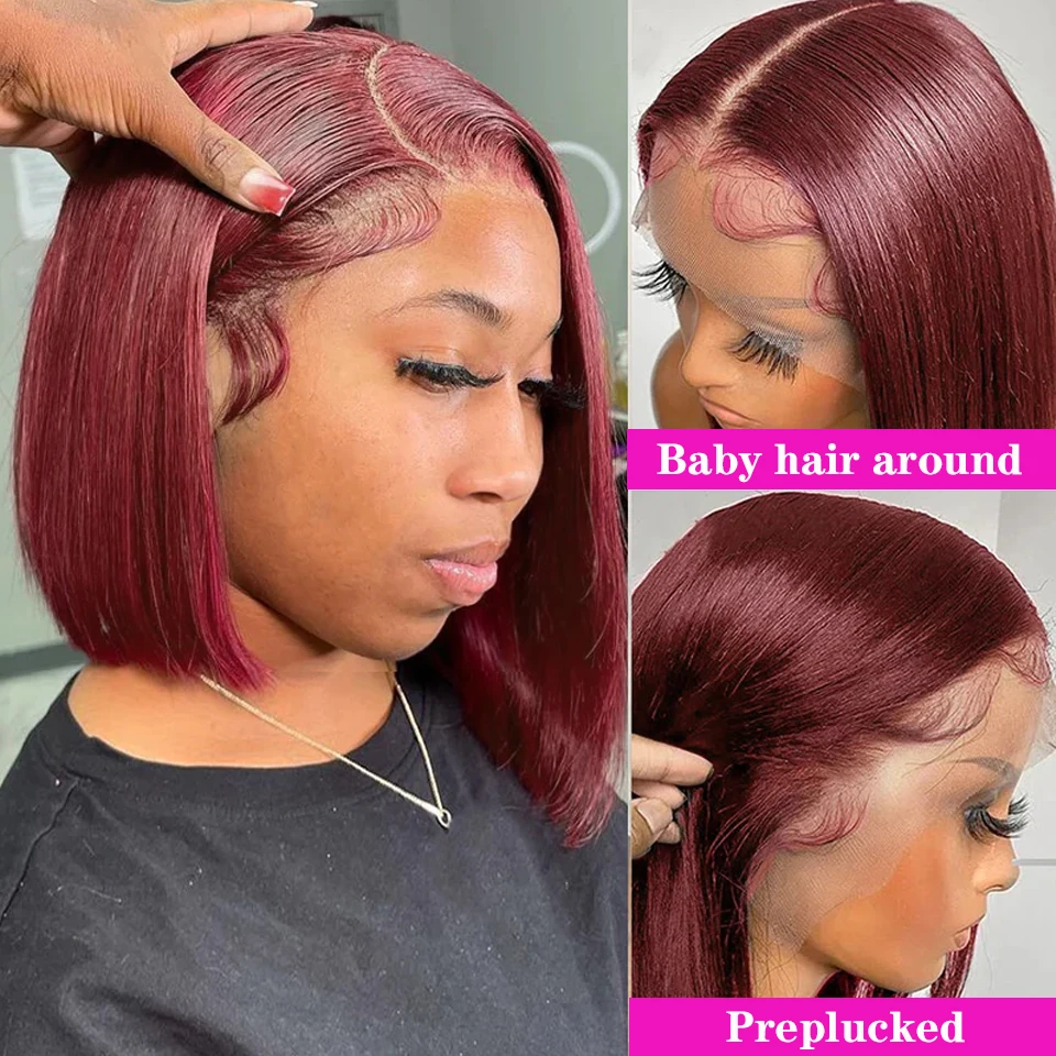 13x4 Short Bob Wig Human Hair 99J Dark Red Burgundy Color Full Frontal Bob Wigs Blunt Cut Bone Straight Front For Black Woman