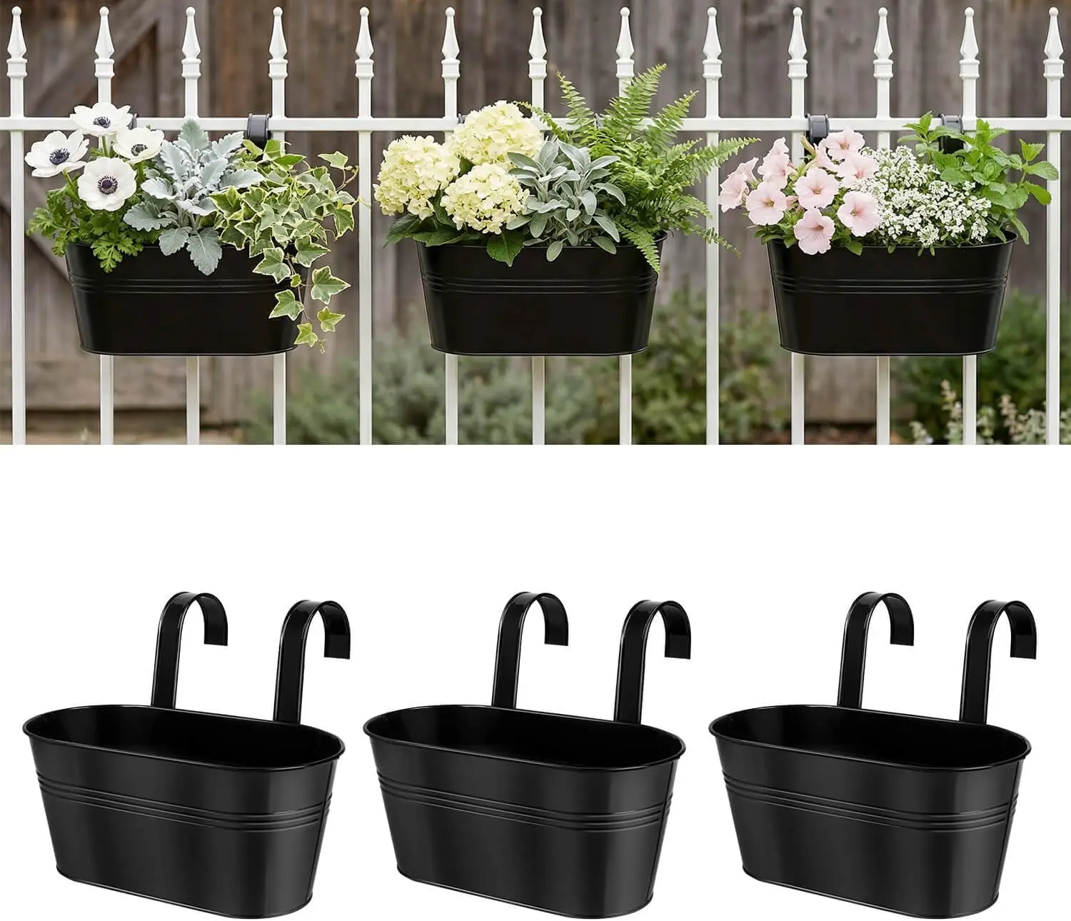 

Набор из 3 черных металлических подвесных кашпо с отсоединяемыми крючками и дренажными отверстиями для декора балкона и сада