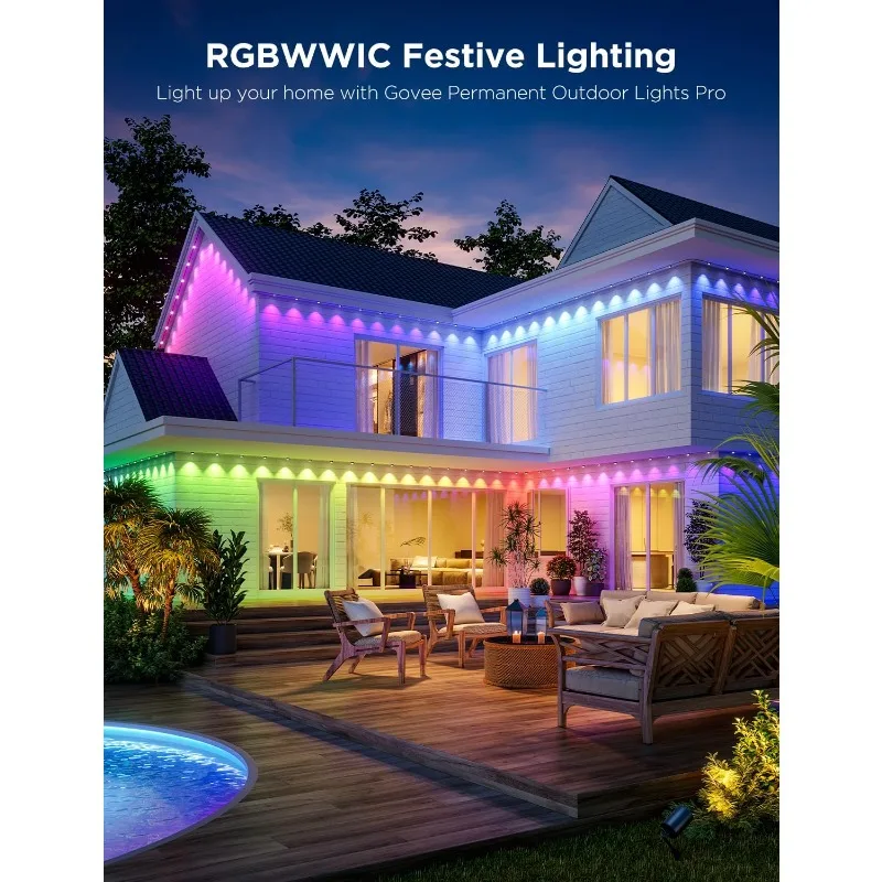 أضواء خارجية احترافية، 200 قدم مع 120 مصباح LED RGBIC للإضاءة اليومية والمميزة، 75 وضعًا للمشهد للديكور الخارجي
