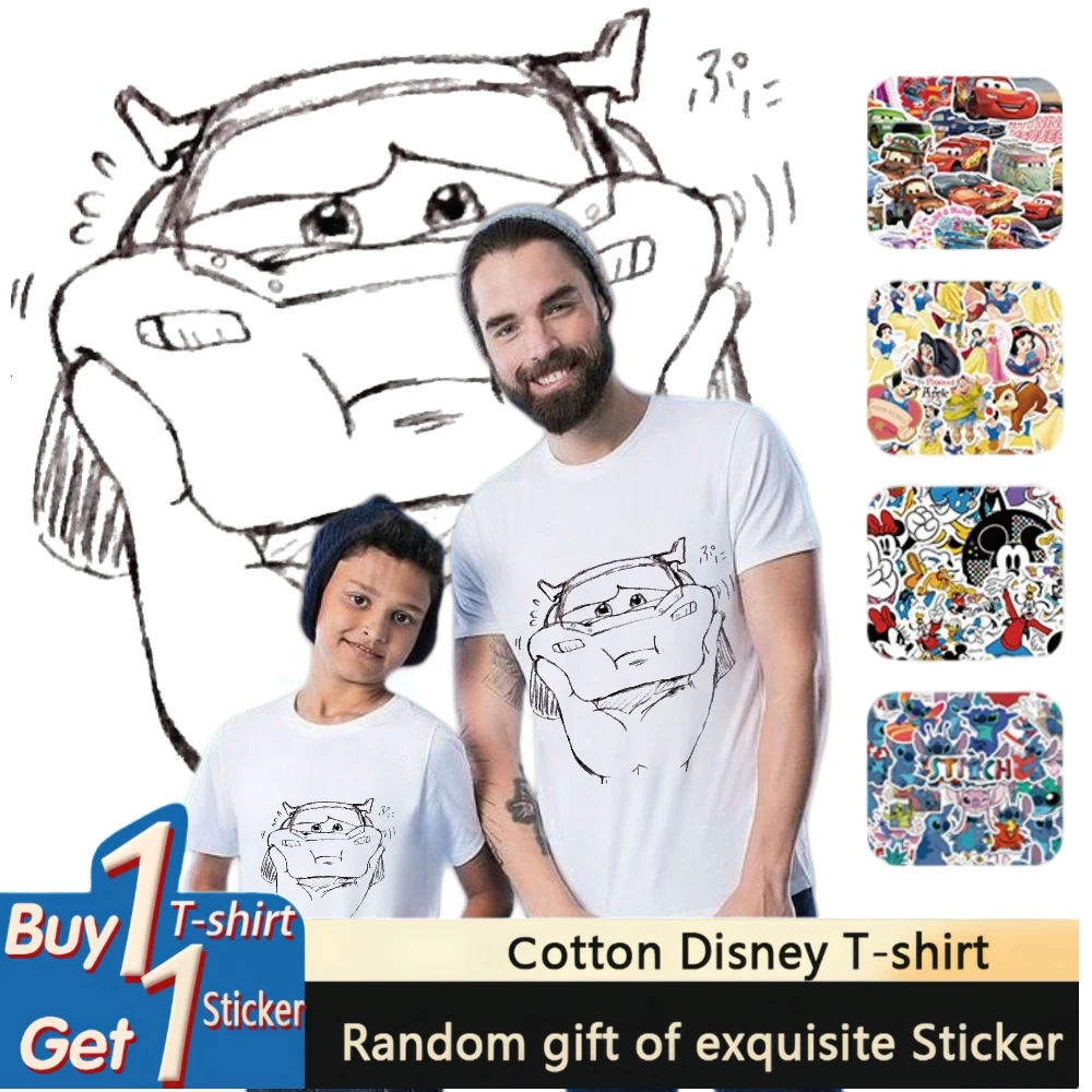 

Disney Cotton T Shirt Cars Little Lighting Mcqueen Sketch Print Summer Autumn Family Matching Outfits Parent-child Oversize Tee