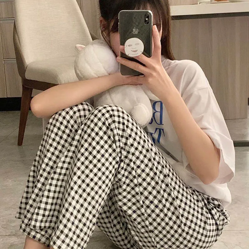 Korean Style Pajamas Pants for Women Sleep Plaid Sleepwear Summer Ankle Length Bottoms Home Room Elastic Waist Sleeping Wear New