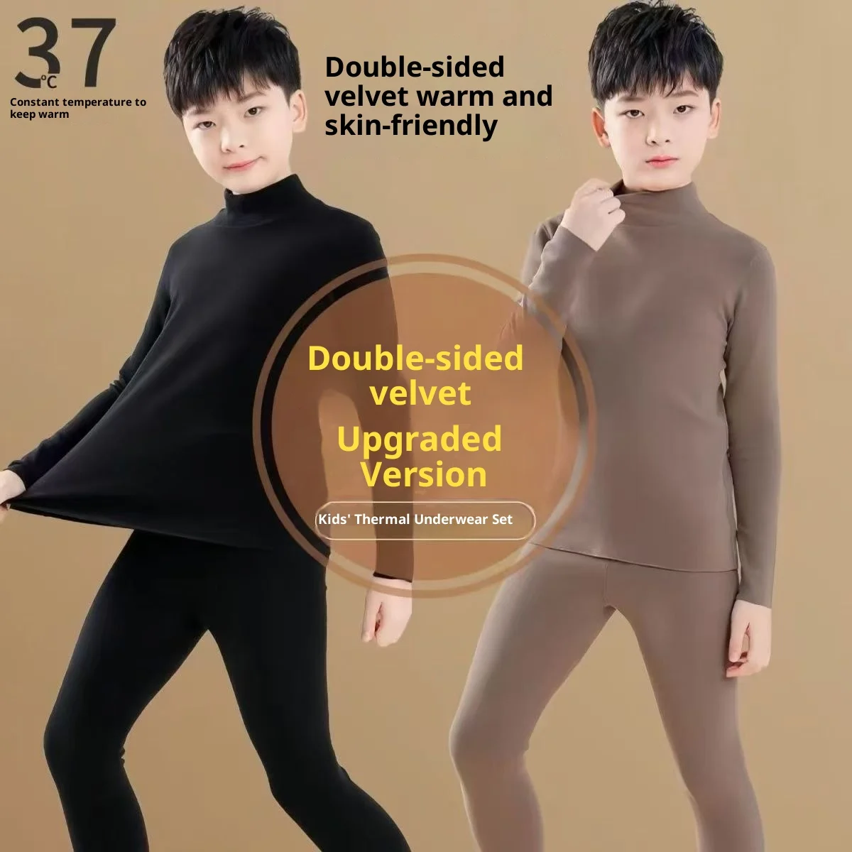 New Children's Winter Fleece Thermal Set Double-Sided Fleece Mid-High Neck Thermal Top and Long Johns for Older Children