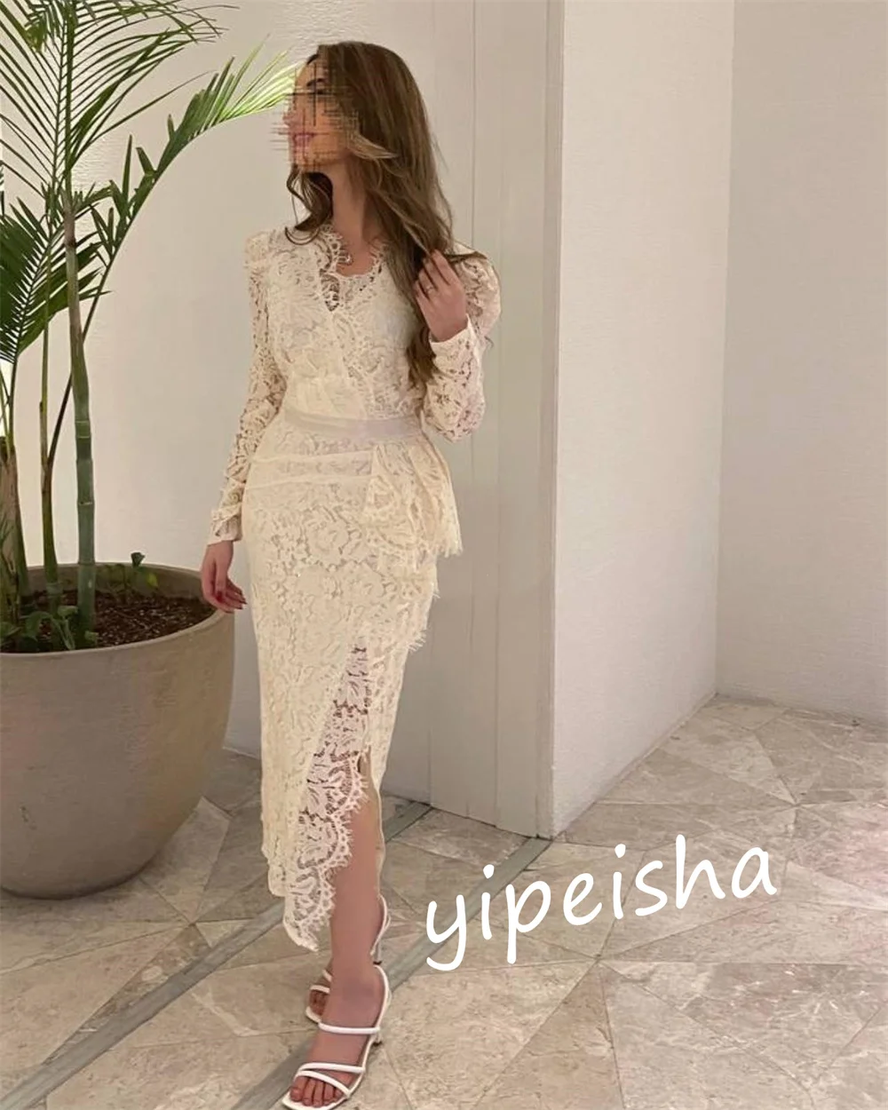 Customized  Ball    Lace Ruffle A-line V-neck Bespoke Occasion Gown Midi Es Saudi Arabia  