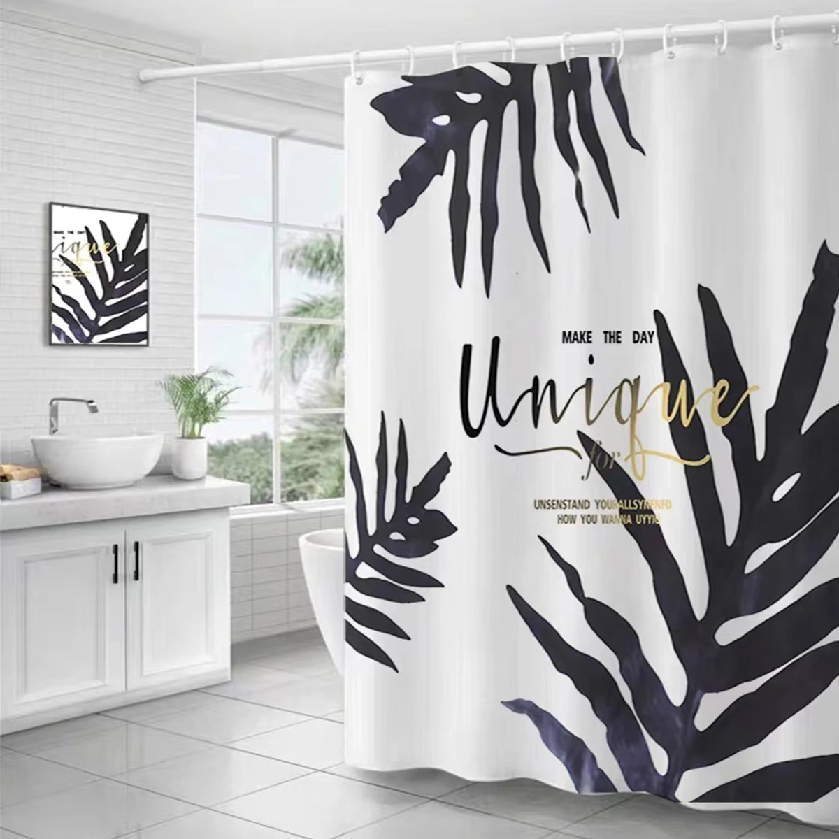 1 pc black palm leaf pattern polyester material shower curtain waterproof fabric, thickened anti mold partition curtain, bat