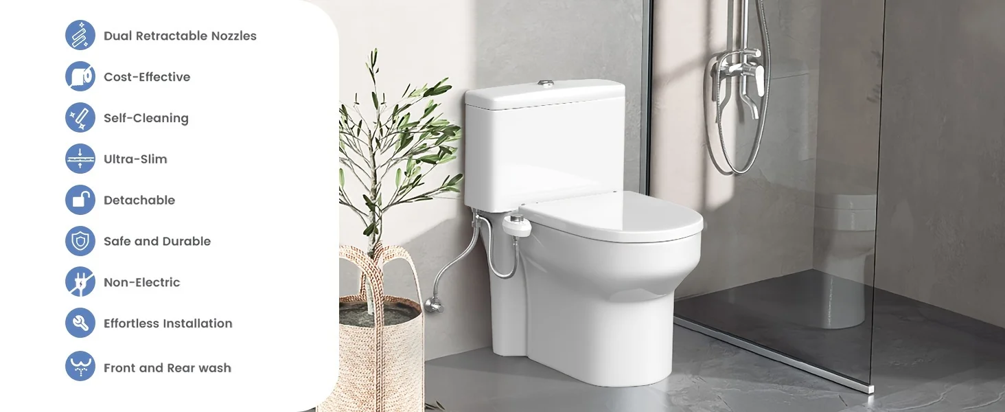 Bidet Attachment for Toilet - Ultra-Slim Self Cleaning Fresh Cold Water Sprayer Bidets for Existing Toilets Seat Baday Beday Badette Bedette with Dual Nozzle for Feminine and Posterior Wash