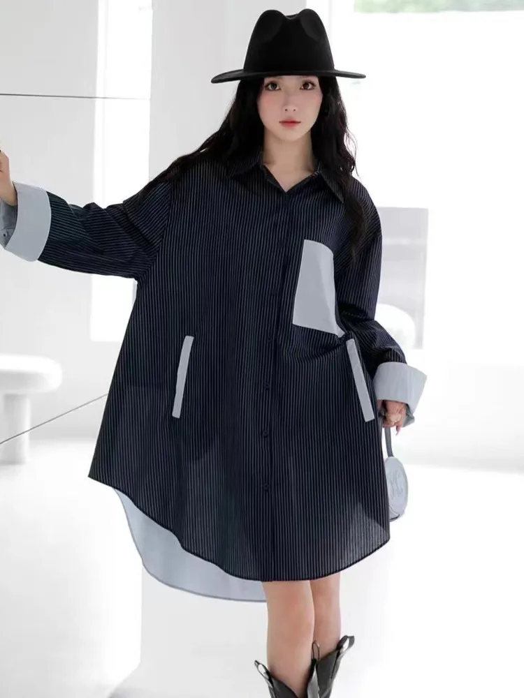 [EWQ] Contrast Colors Spliced Long Sleeve Striped Shirt Dress Single Breasted Thin Casual Women Dresses 2024 Autumn New 16O1850