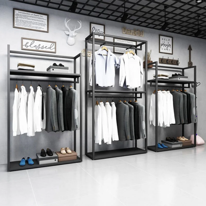 

Custom, Black Menswear Clothes Store Showroom Interior Decoration Boutique Garment Display Rack and Stands