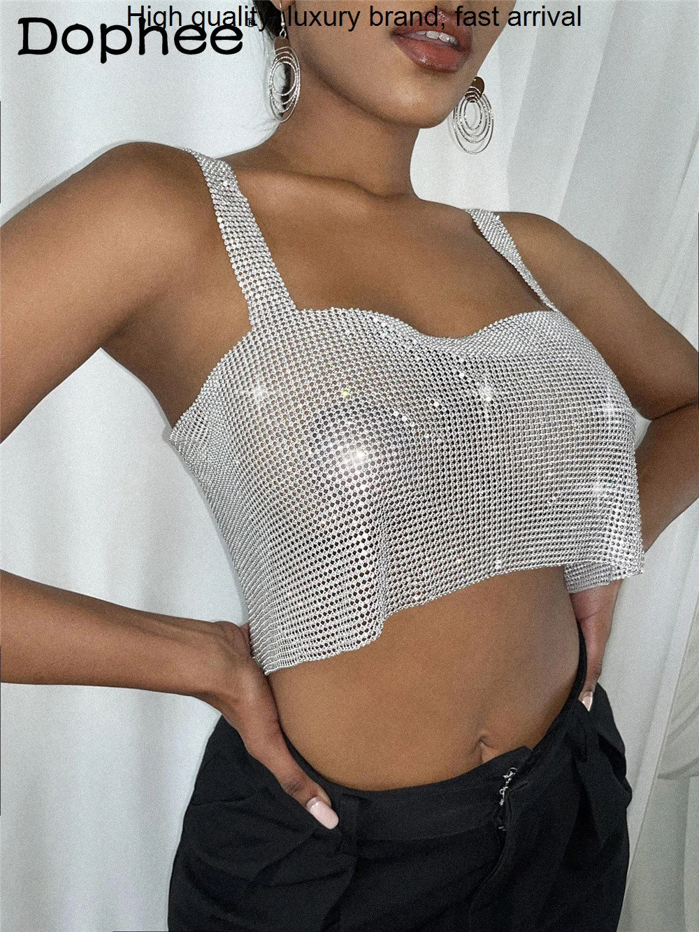 Split Sexy Backless Metal Sheet Rhinestone Chain Bandeau Tube 2023 Summer New Women Nightclub Evening Party Vest Y2k Top