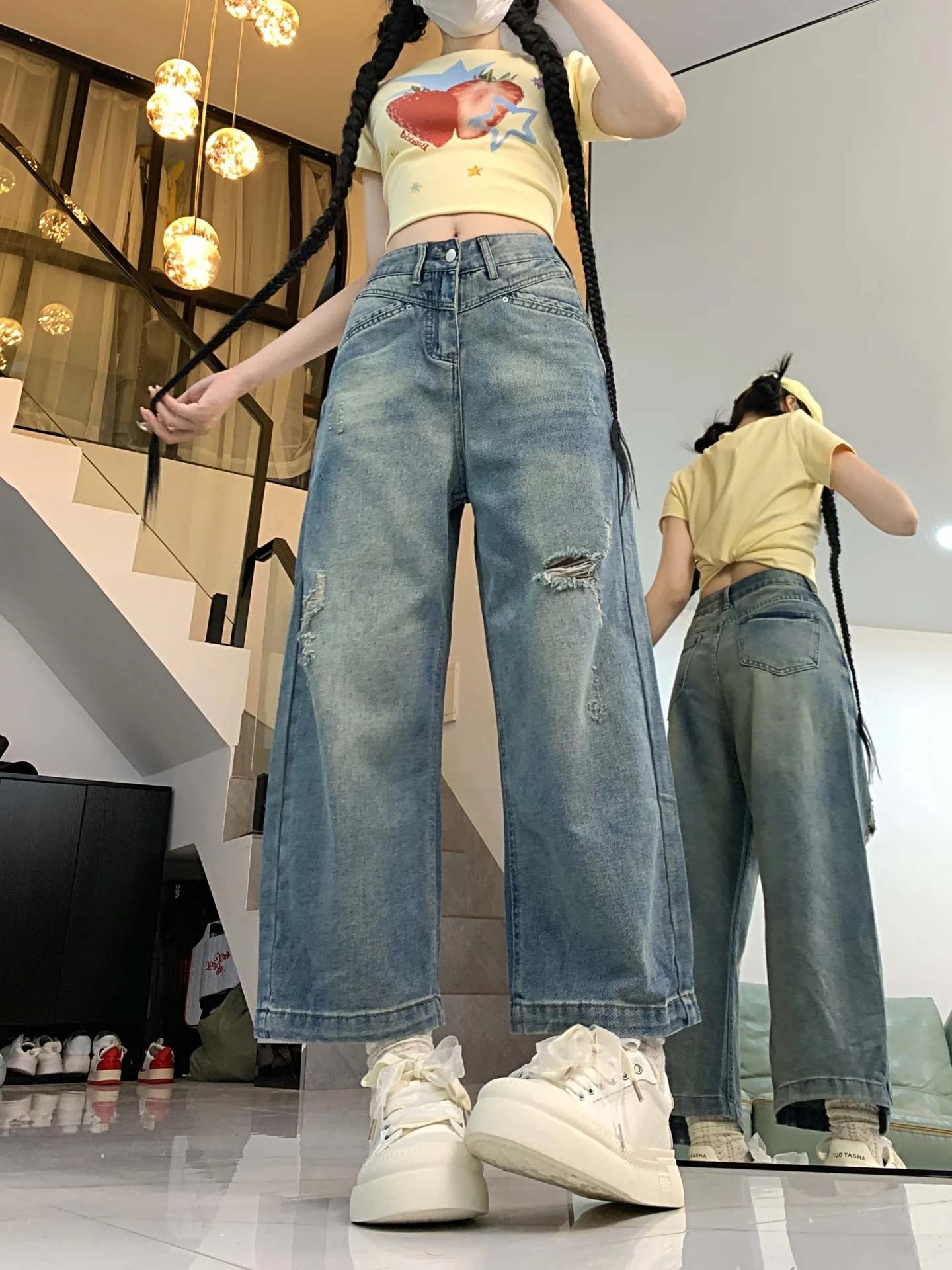 

Большие размеры, американские джинсовые джинсы с отверстиями, женские прямые брюки с высокой талией для похудения, девять брюк-трубок, повседневная одежда, осенний сезон