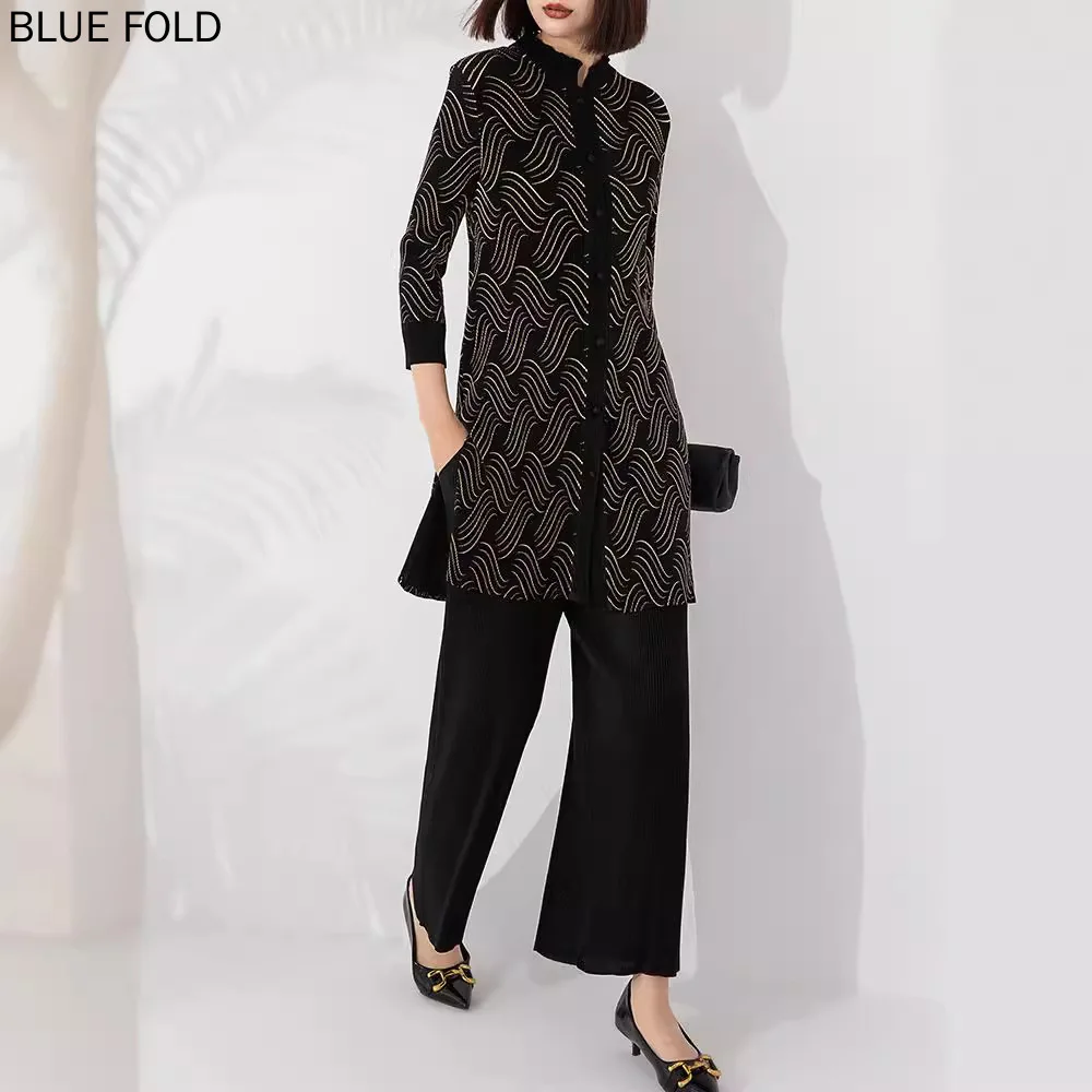 

MIYAKE High-end Temperament Fashion Set Women Printed Mid-length Single-breasted Top Elastic Waist Straight Pants Two-piece Suit