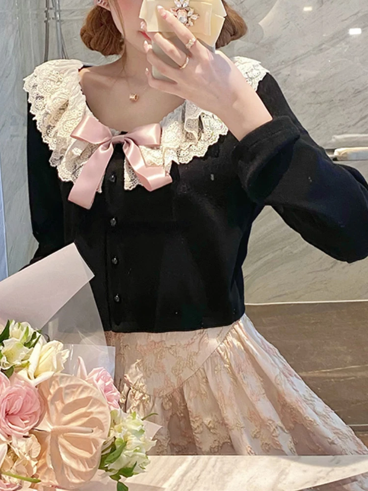 Autumn Kawaii Lolita Knitted Cardigan Women Lace Black Korean Sweet Cute Sweater Female Bow Japanese Elegant Sweater Tops 2022