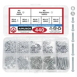 AIMUNOK 440PCS M2 Round Head Phillips Screw Nut Set | Micro-Scene Precision Fit | Essential for Electronics Repair/Model Making