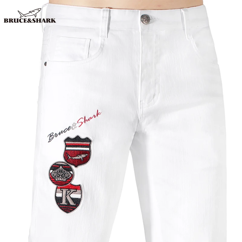 Bruce&Shark New Autumn Men's White Jeans Fashion Embroidery Thick Cotton Denims Casual Stretch Straight Leg Jeans For Men Big