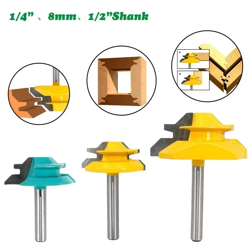 1PC 1/4" 6.35MM 생크 밀링 커터 목공 조각 45도 잠금 마이터 라우터 비트 테논 밀링 커터 목공 기계 공구
