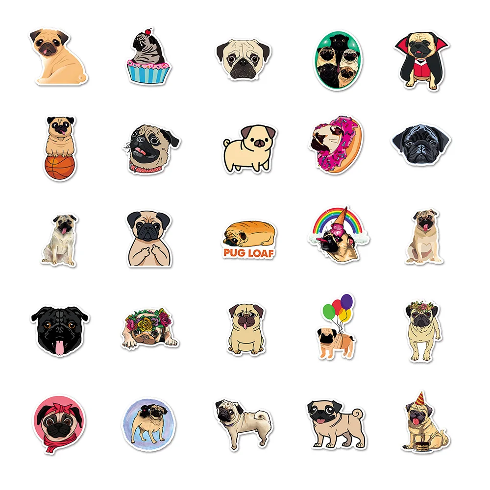 10/30/50PCS Cute Animal Dog Pug Cartoon Sticker DIY Laptop Luggage Skateboard Graffiti Decals Fun for Kid Toys Gift