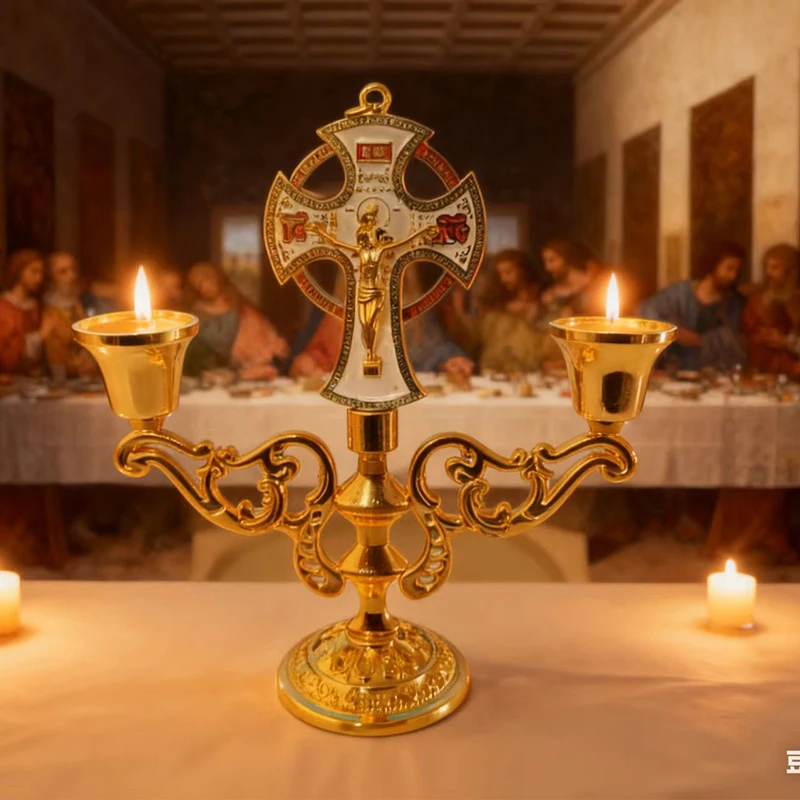 Gold Plated Orthodox Altar Double Candle Holder with Crucifix Cross for Church Liturgy Home Altar Prayer Devotion Christian Gift