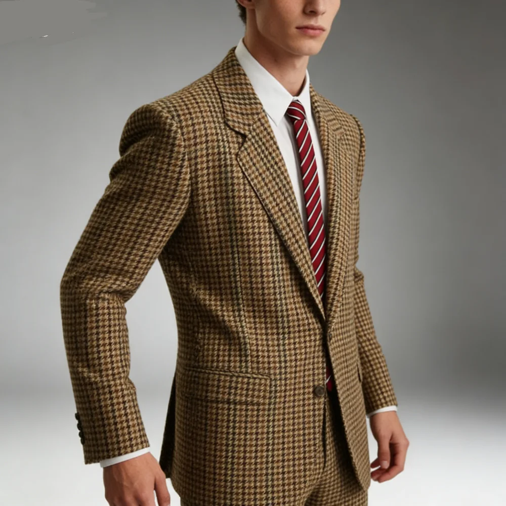 

Men's Houndstooth Brown Blazer Slim Fit Tuxedo Checkered Jacket Notch Lapel for Graduation Dance 1 Piece Casual Outerwear