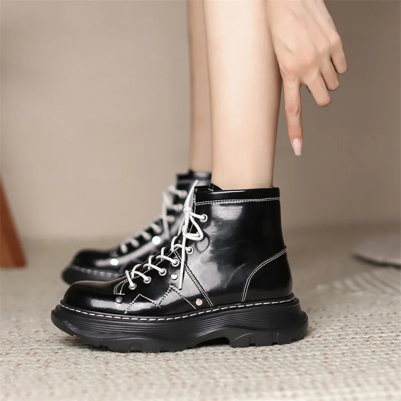 Genuine Cow Leather Fashion  mcqueen martin boots   Platform Ankle Boots Women's  Autumn Black Boots Riding Women's Shoes