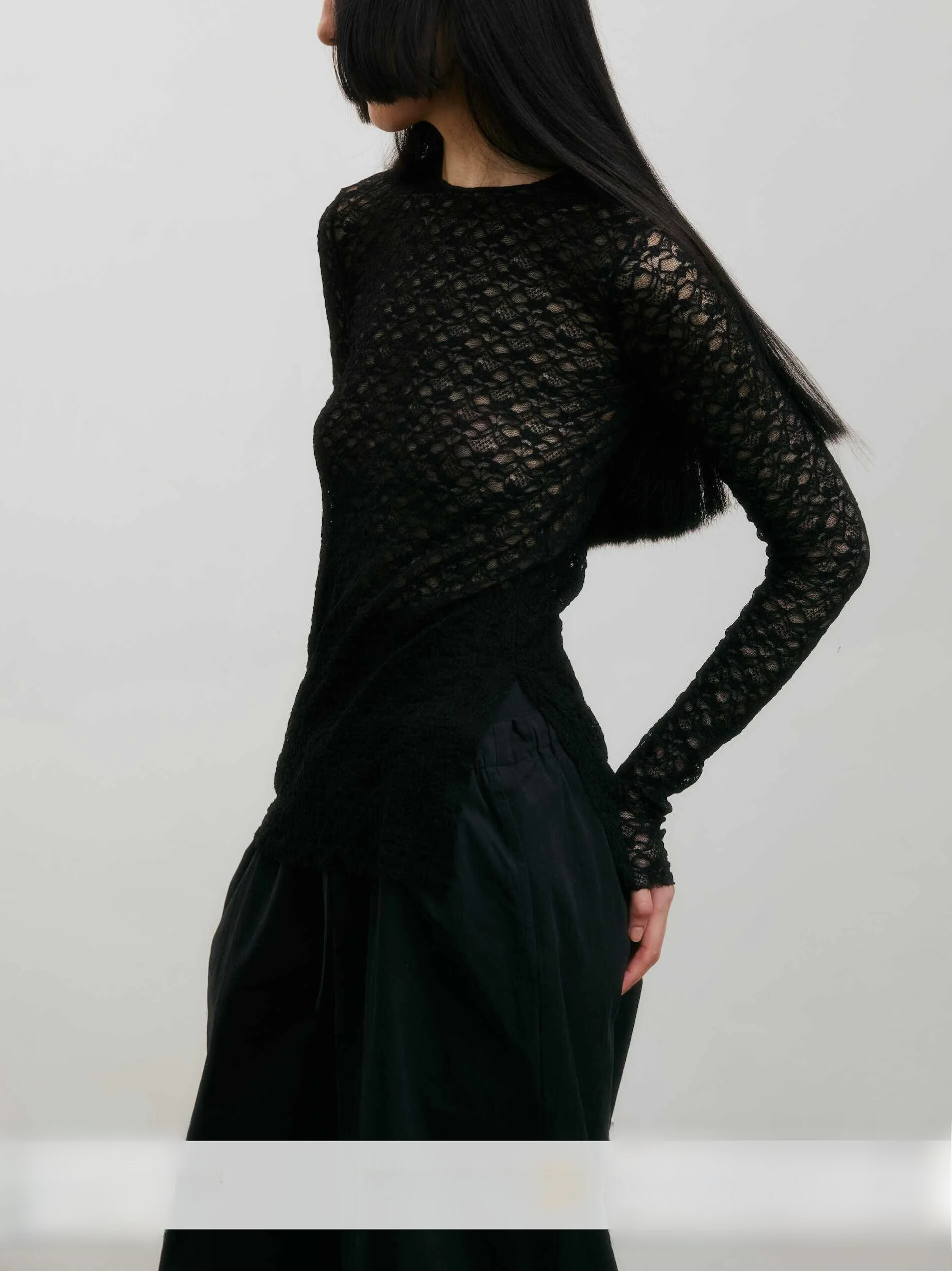 

High-End Elastic Lace Side Slit Base irt Long Sve Women's Top Unique Design Casual Loose Fit Polyester Spandex Blend