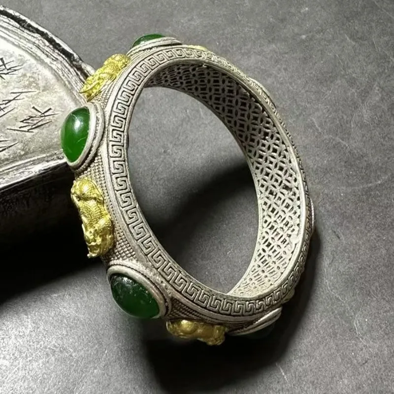 Tibetan Silver Hand-Inlaid Green Jade Yellow Pixiu Bangles Men and Women Couples Fashion jewelry Personality Accessories Gift