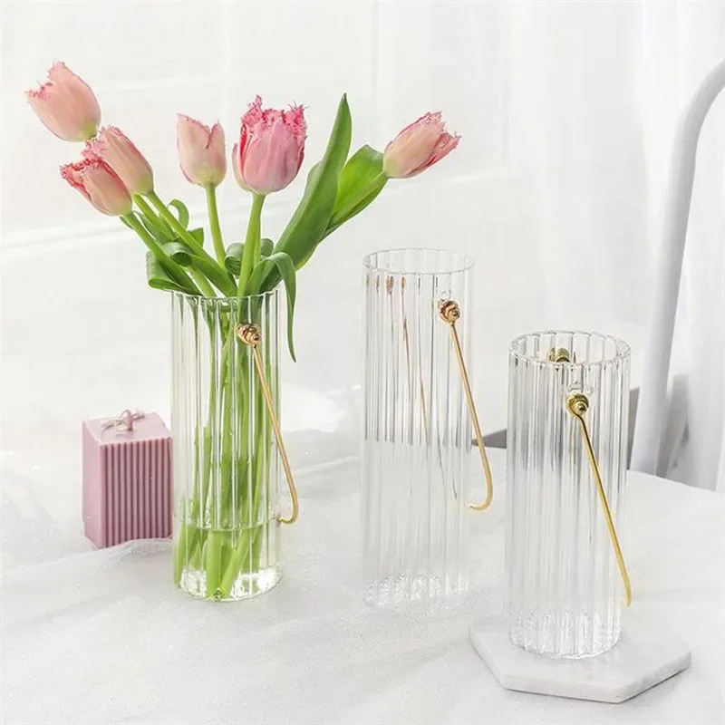 

Nordic Vase Fresh Simple Metal Hand Stripe Transparent Glass Vases Flower Arrangement Hydroponic Home Furnishings декор комнаты
