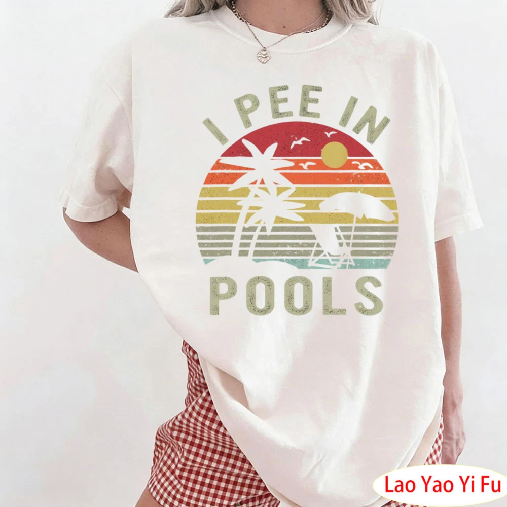 I Pee in Pools Sarcastic Sayings for Pools Lovers Retro Women Shirt Retro Sunset Palm Tree Pattern Print Tops Short Sleeve Tees