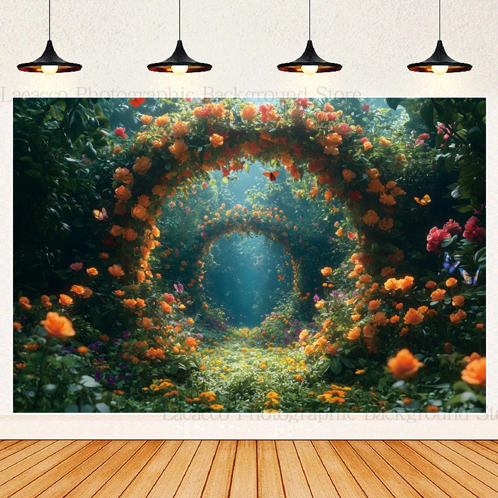 Frühling Landschaft Hintergrund Fee Wald Bunte Schmetterlinge Blume Bogen Geburtstag Hochzeit Party Dekoration Photo Booth Hintergrund