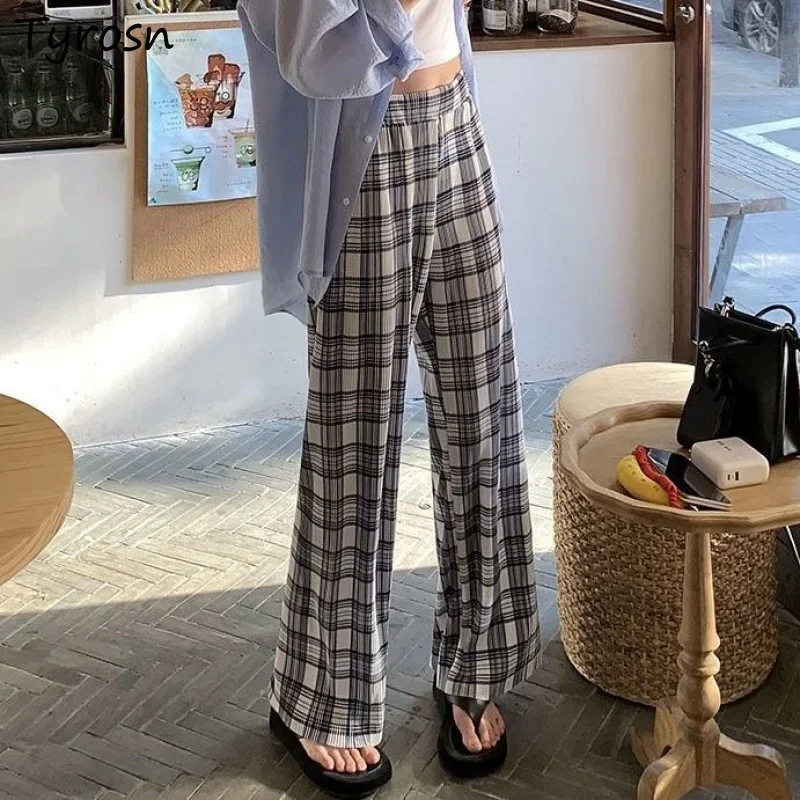 

Плиссированные повседневные брюки в клетку, женские прямые винтажные S-3XL, офисные женские брюки с высокой талией для взрослых, нежная уличная одежда, шикарные брюки, одежда
