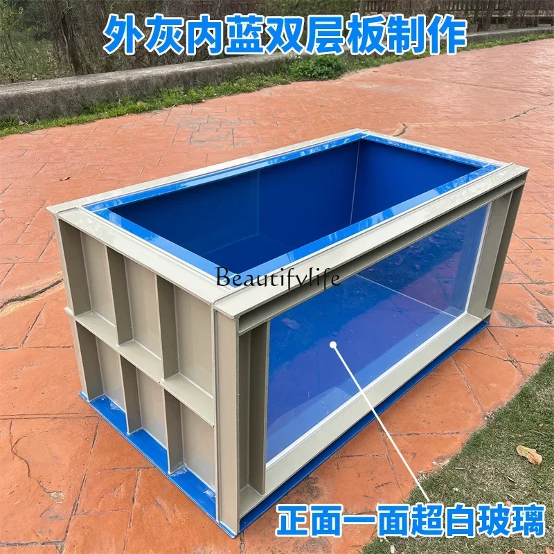 Outside gray, inside blue, outside reinforced koi fish pond viewing surface, filter balcony fish tank on top