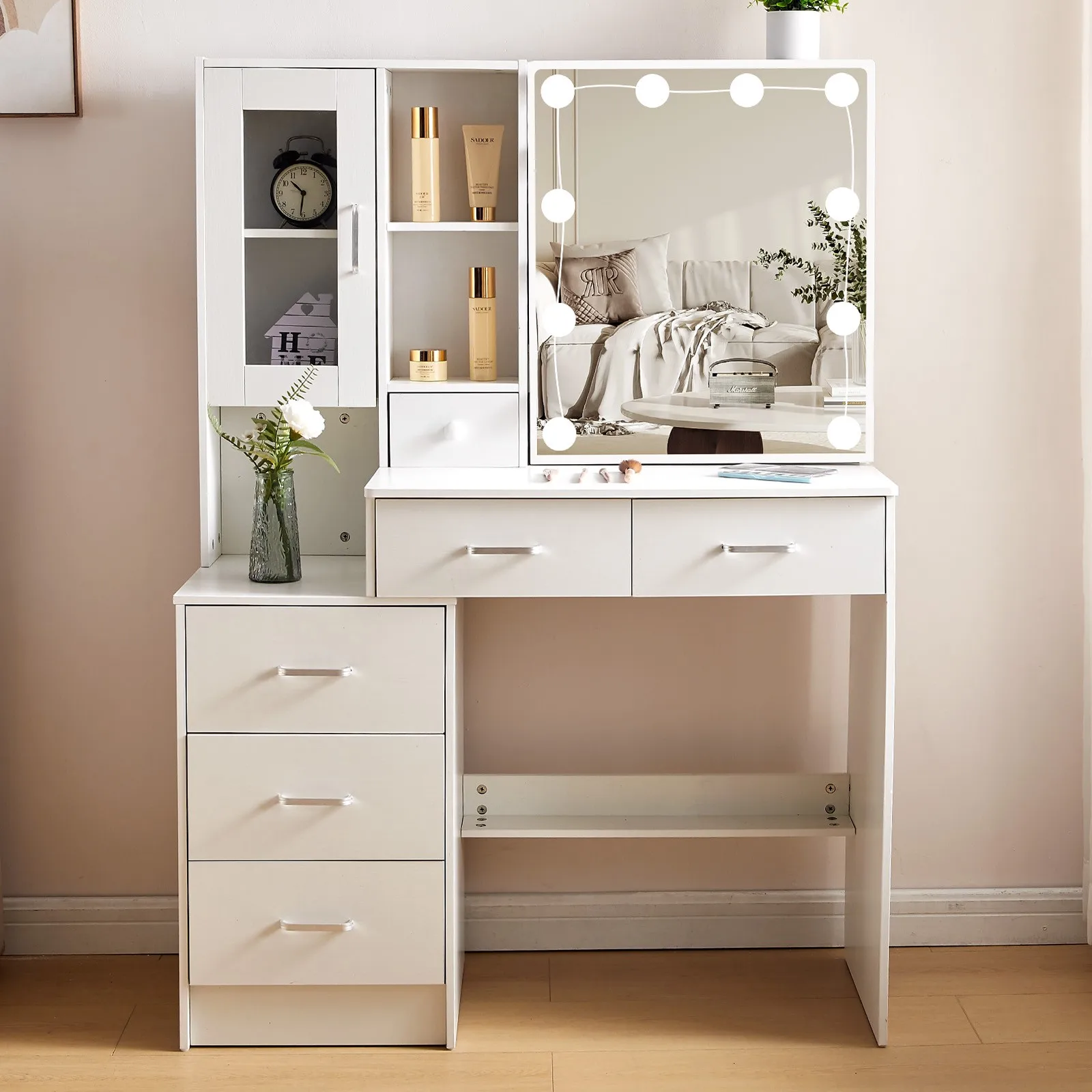 Tocador de maquillaje Escritorio de tocador moderno con 5 cajones y luces LED para maquillaje y tocador