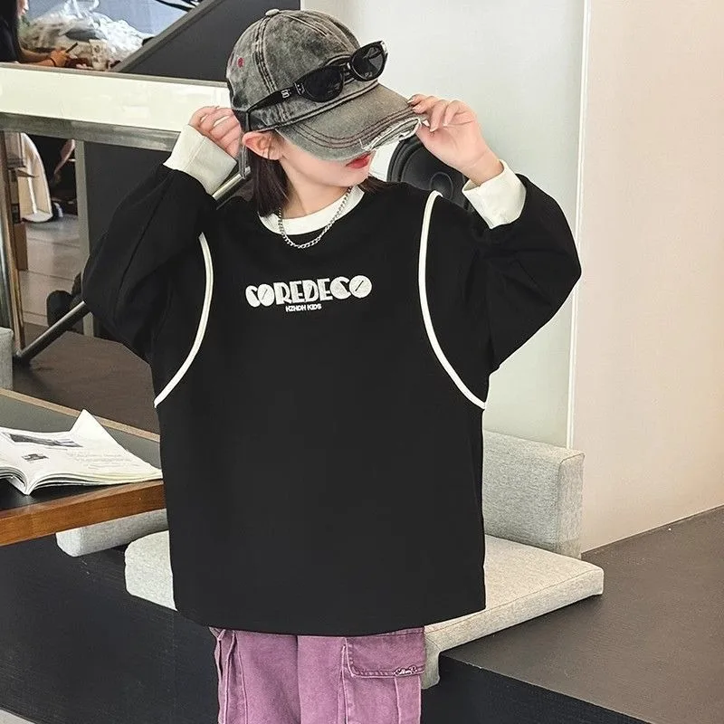 

Girls' 2025 Spring/Autumn New Loose Fit Long Sleeve Polo Stylish Trendy Sweatshirt for Middle Big Kids