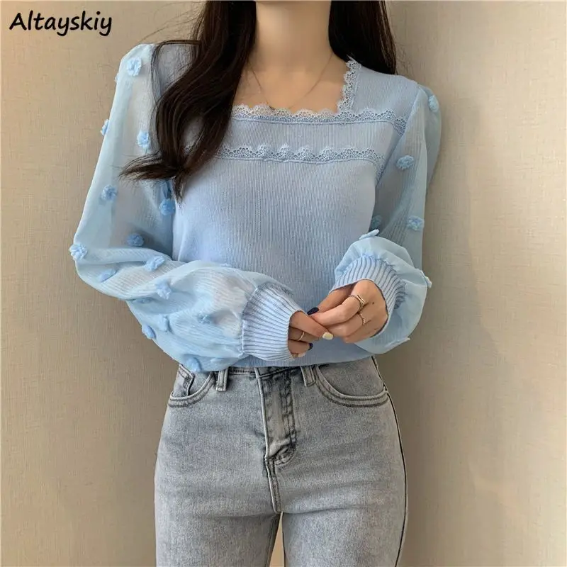 

Spliced Pullovers Women Square Collar New Autumn Chic Elegant Ladies Korean Style Leisure All-match Cropped Aesthetic Clothing
