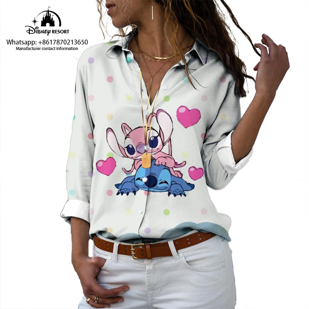 Street New 3D Fashion Harajuku Lapel Long Sleeve Single Breasted Shirt Lilo and Stitch Anime Print Casual Shirt Y2K