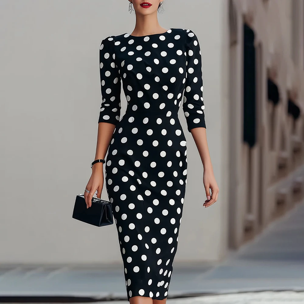 

Customized Polka Dot O-Neck Half SleeveFormal Evening Dress Simple Straght Knee Length Prom Gowns Back Zipper Midi Dress