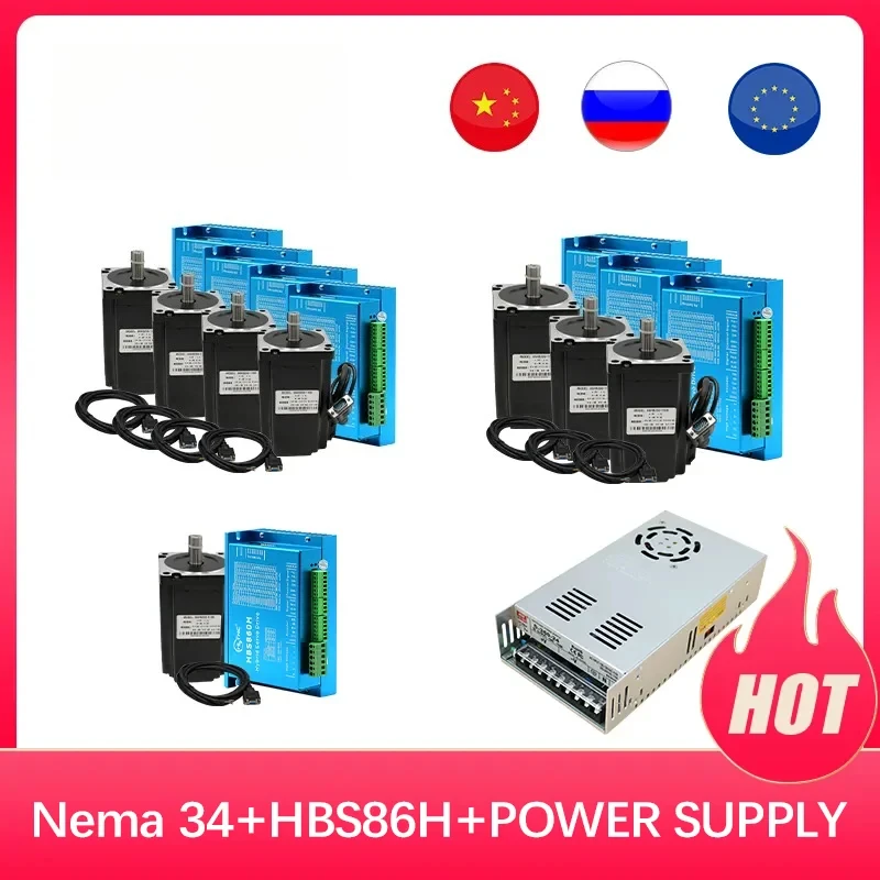 

4 axis Nema34 4.5N 8.5N 12N Closed Loop Stepper Motor Kit + HBS86H Encoder DC Motor Driver + 400w60v CNC Power Supply