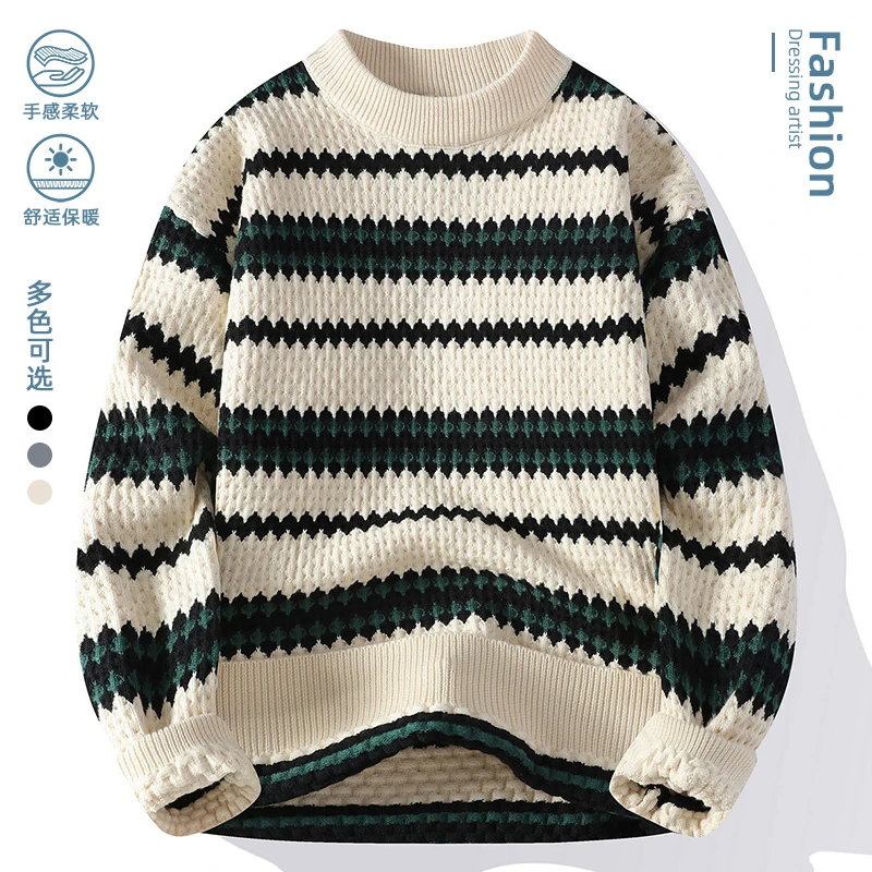 

2025 New Winter Warm Knitted Sweater Men's Trend Irregular Stripe Pullover Loose Warm Street Autumn Wool