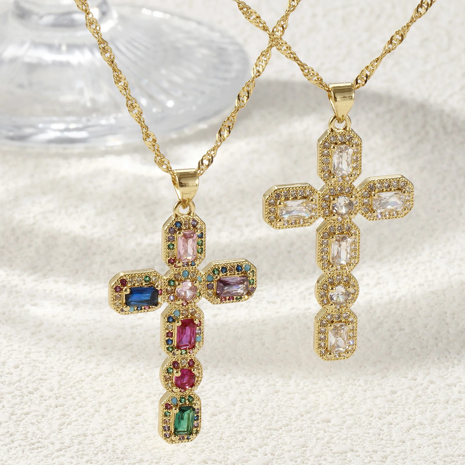 Religious Wave Twisted Chain Cross Necklace 18K Real Gold Plated Brass Micro Pave Pendant Necklace Unisex Gift 45cm+5cm long