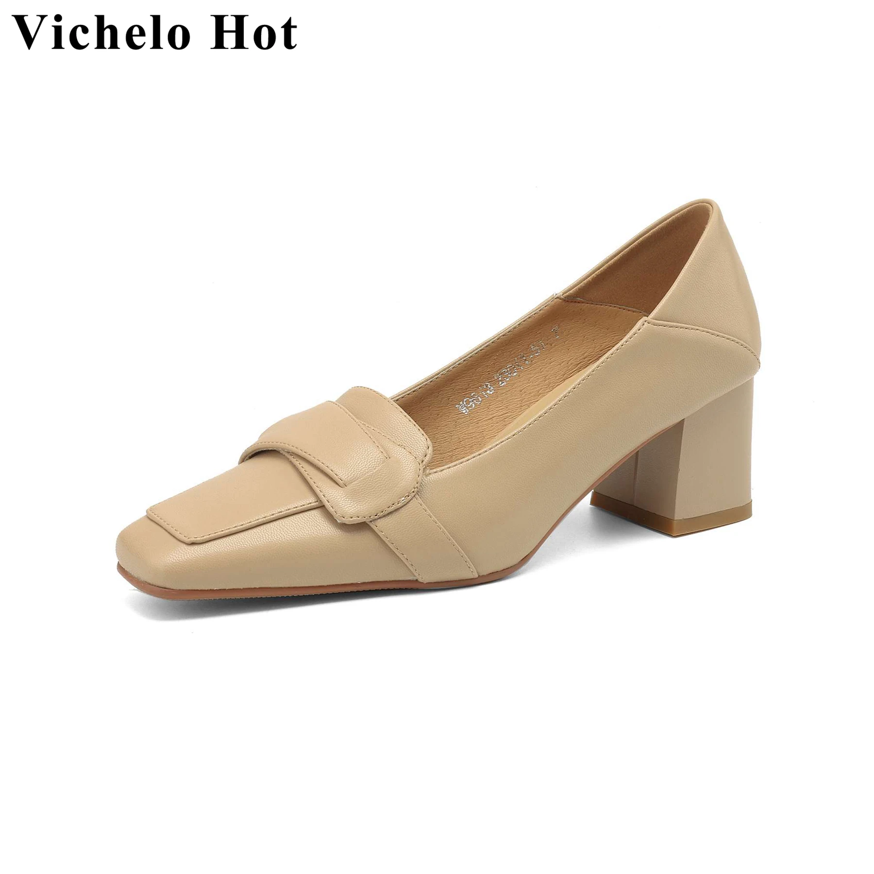 

Vichelo Hot Cow Leather Square Toe Shallow High Heels Spring Autumn Shoes Solid Slip On Concise Elegant Brand Basic Women Pumps