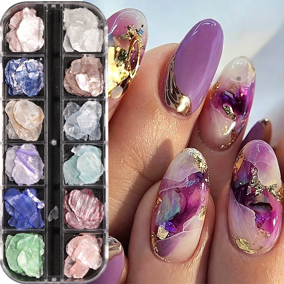 12 Gitter Seidenmatt-Muschelschalen-Flocken, schillernde dünne Muschelscheiben, Opal-Muschelfragmente, Nageldekoration, 3D-Glitzer-Pailletten für Maniküre – Detail 4