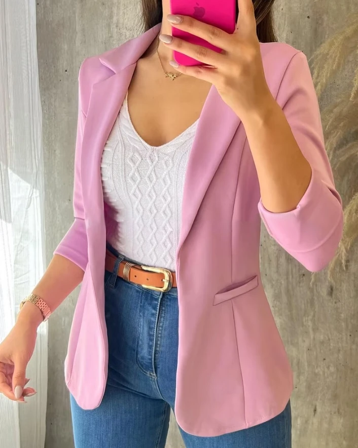 

Elegant Notched Collar Long Sleeve Open Front Blazer for Work Office Lady Temperament Commuting New Fashion Women Suit Coat