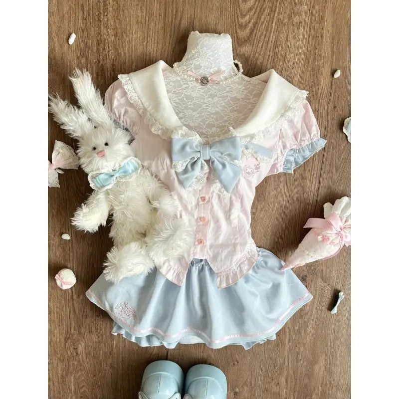 

Japanese Kawaii Lolita Style Skirt Sets Women Sweet Bow Sailor Collar Blouses Mini Pleated Skirts Suit Preppy Style Y2k Uniform