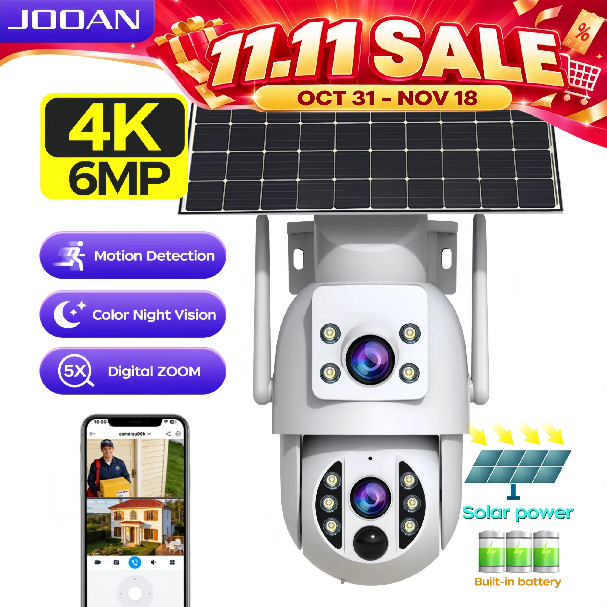 JOOAN 4K Solar Security Camera Wireless Outdoor Dual Lens Solar IP Camera PIR Human Detection Night Vision Battery CCTV Camera