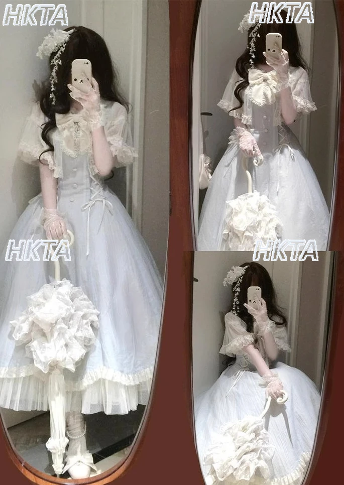 Japanse stijl elegante lolita taille lolita jurk vrouwen zomer bloemblaadjes korte mouwen pop kraag boog riem prinses lange jurk