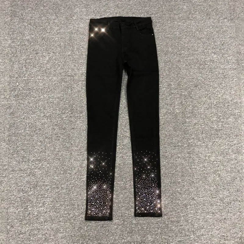 Black Jeans For Women Trendy 2023 Spring Autumn New High Waist Slimming Rhinestone Pencil Pants Street Stretch Skinny Trousers