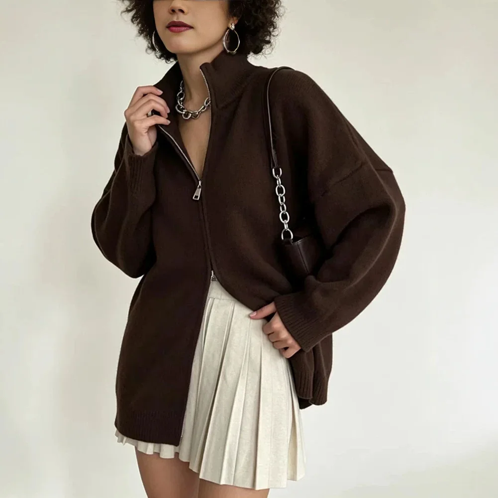 2026 Gray Stand Collar Knitted Cardigan for Women Lazy Loose Double Zipper Sweater Coat Casual Autumn Winter Outer Top