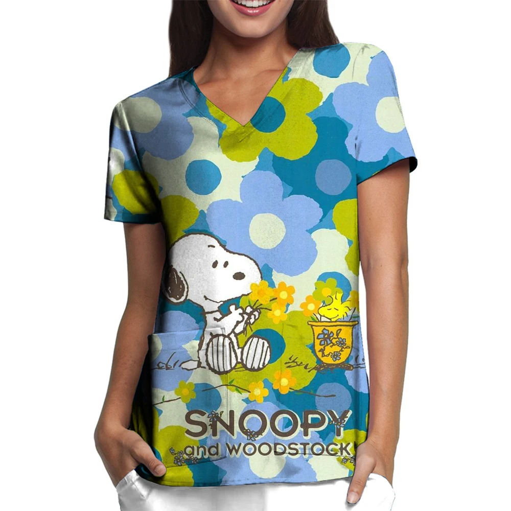 Women Nurse Uniform Lovely Snoopy cartoon print V-Neck Pocket Medical Uniforms Nursing Scrub Tops Workwear Uniforme enfermera