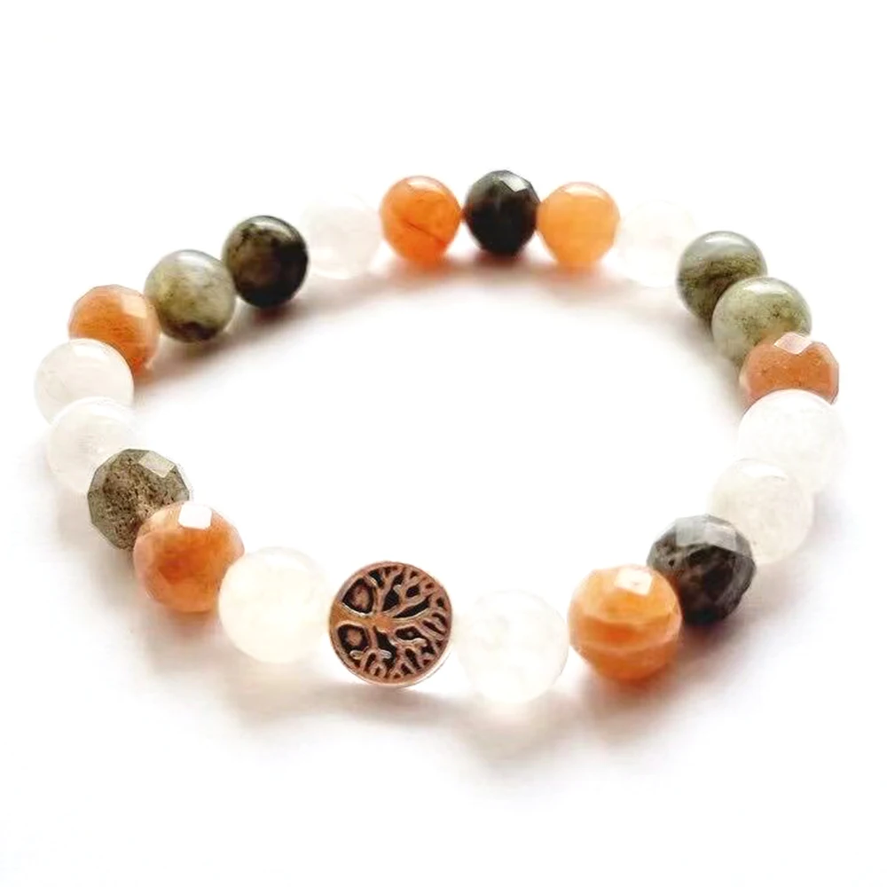 MG2082 New 8 MM Cutted Sunstone Snow Quartz Labradorite Bracelet Handmade Tree Of Life Charm Gemstone Mix Wrist Yoga Mala