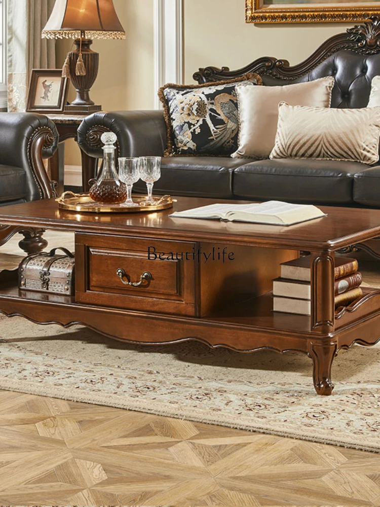 American solid wood coffee table rectangular living room with drawers storage household tea table