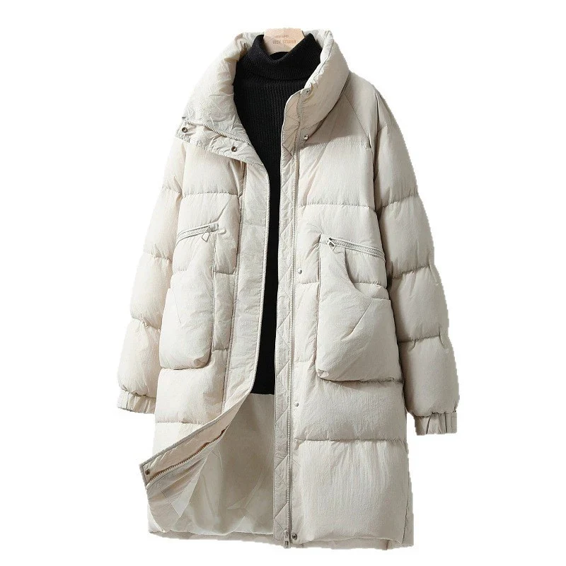 Schinteon feminino pato branco para baixo jaqueta longa gola outono inverno quente grosso outwear estilo coreano casaco 2025 nova moda