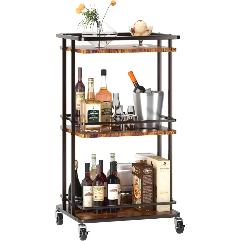 

3 Tier Bar Cart for Home, Rolling Mini Liquor Bar for Wine Beverage Dinner Party, Utility Kitchen Storage Island Serving Cart